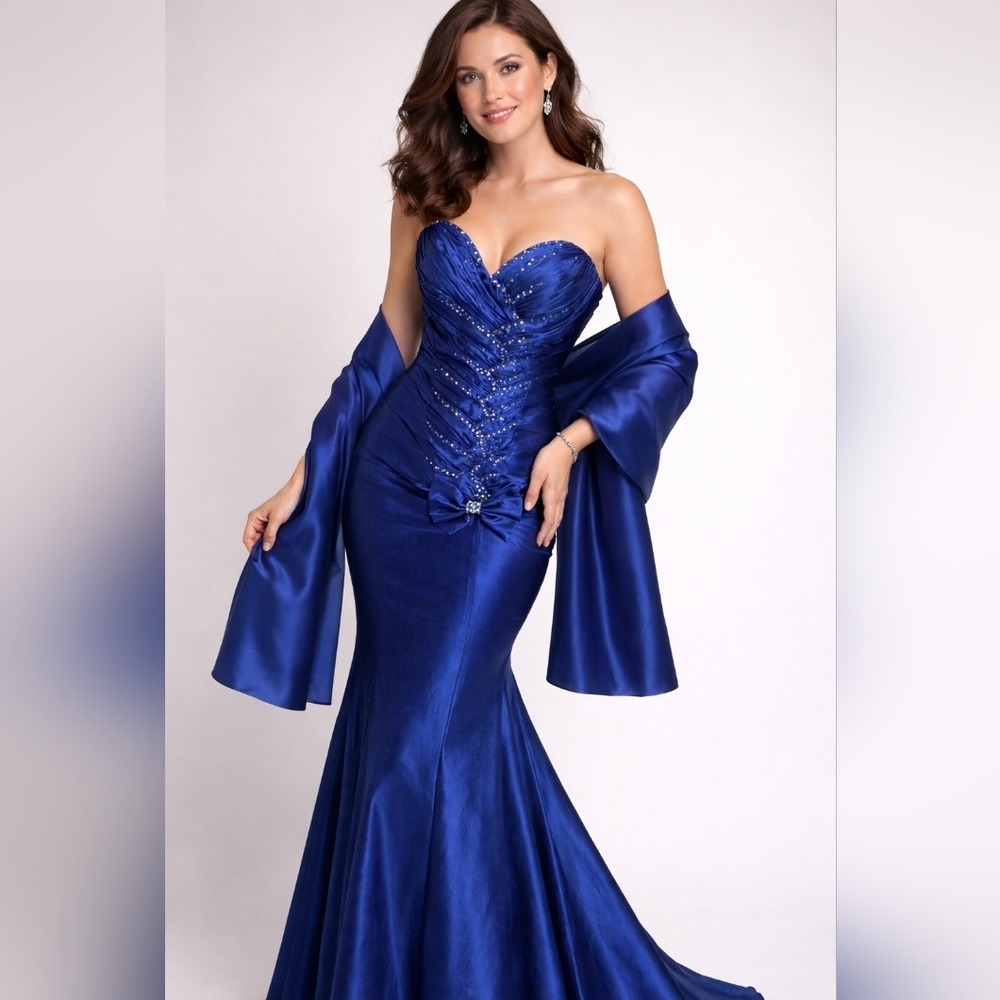 Anny Lee Royal Blue Mermaid Corsett Backless Gown with Wrap Size Large